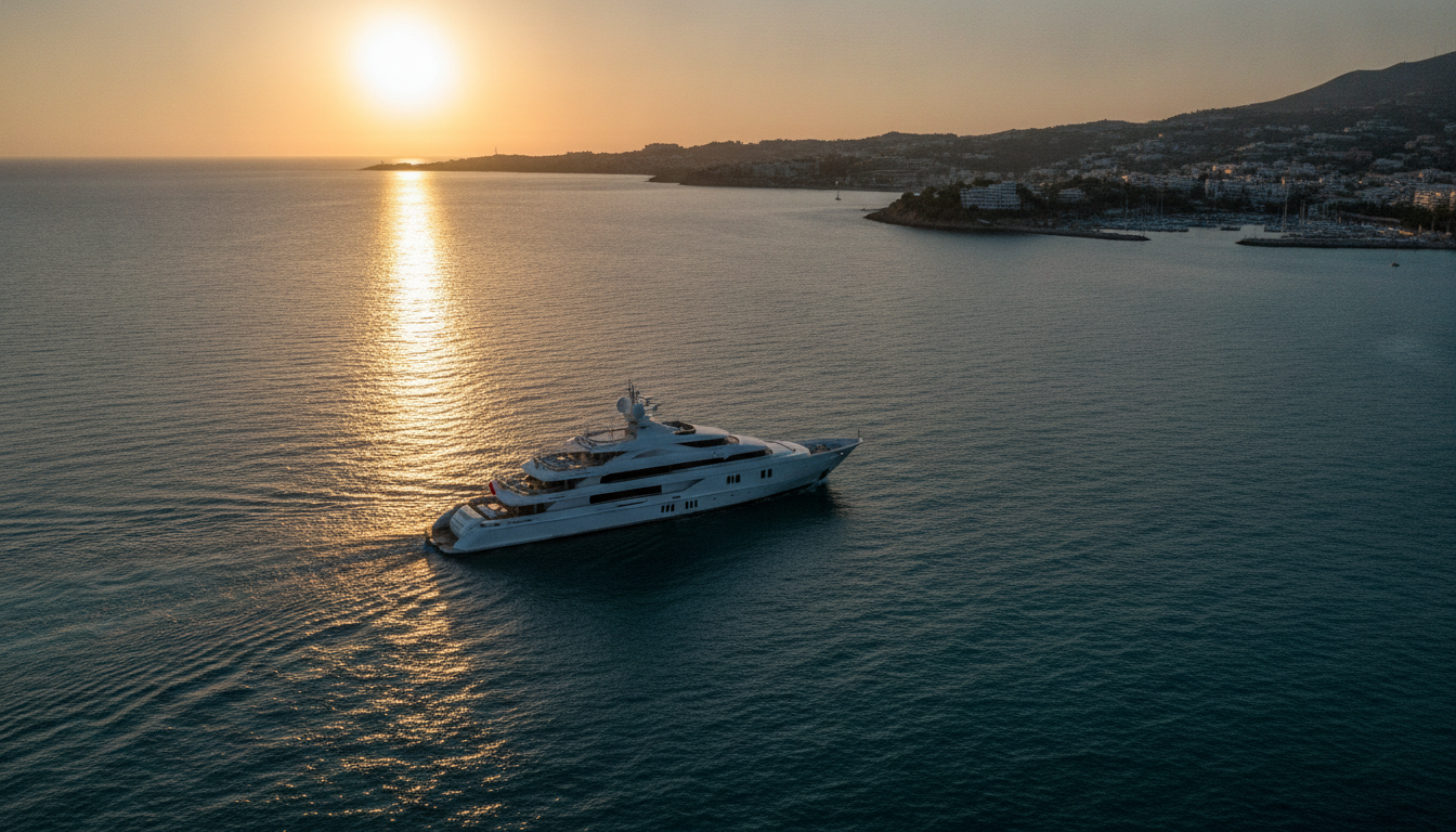 Luxusyacht fährt bei Sonnenuntergang über das türkisfarbene Mittelmeer vor der Küste