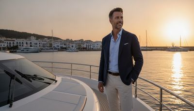 Mann in eleganter Freizeitkleidung steht auf dem Flybridge einer Luxusyacht bei Sonnenuntergang
